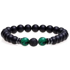 Black Matte Beaded Bracelet w/ Green Malachite Style Beads & Lava Stone